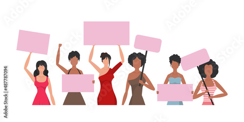A large set of girls who came out to protest. The rebellious girl is shown to the waist. Isolated. Cute illustration in flat style.