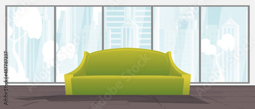 A room with upholstered furniture and a large panoramic window. Vector in cartoon style.