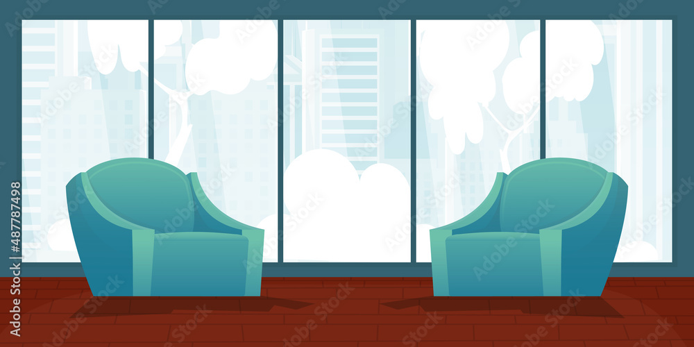 A room with upholstered furniture and a large panoramic window. Vector illustration in a flat style. A room with upholstered furniture and a large panoramic window. Vector illustration in a flat style.