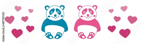 Couple of young blue and pink panda with flying hearts in banner