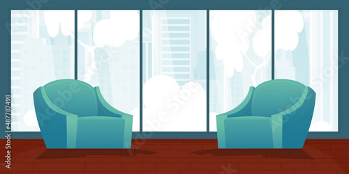 A room with upholstered furniture and a large panoramic window. Vector illustration in a flat style.
