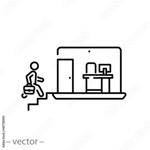 office employee on workplace online icon, hybrid work, leader job flexibility, thin line symbol on white background - editable stroke vector illustration