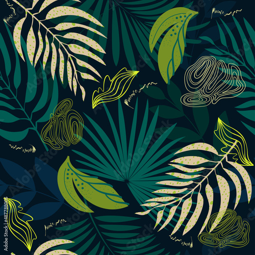Trendy seamless pattern in natural green tones, abstract tropical leaves, shapes, flowers, hand drawn, vector