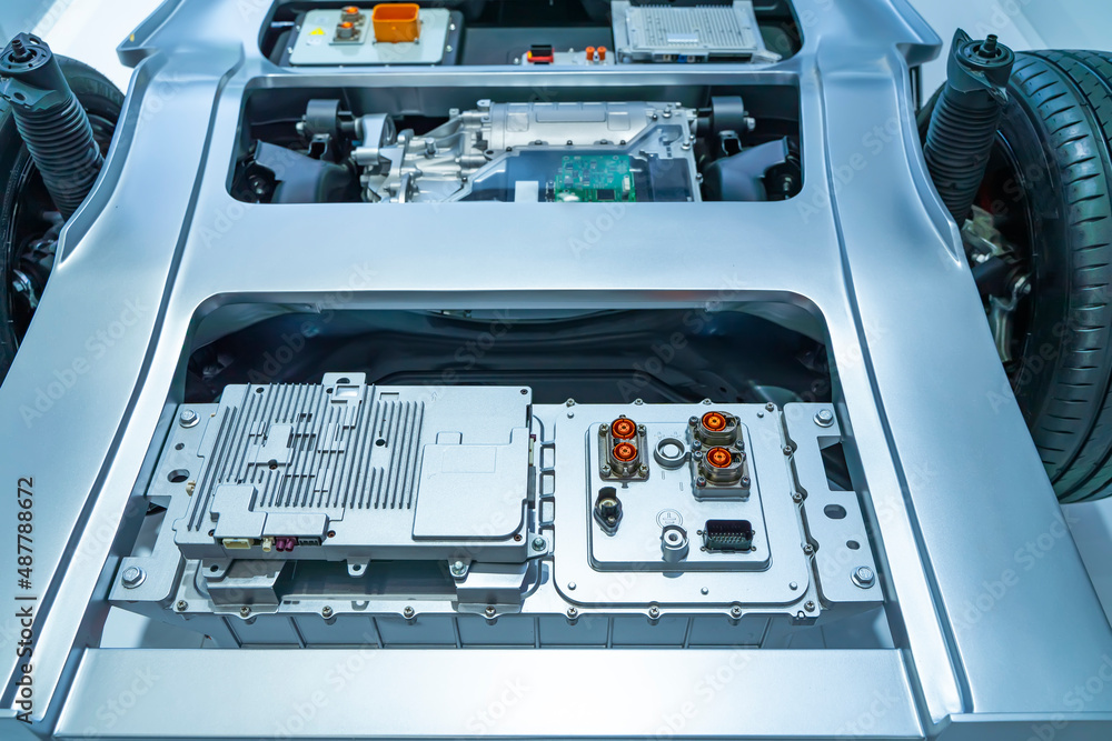 Chassis of the electric car with powertrain and power connection,electric system of eco car concept. Chassis of the electric car with powertrain and power connection,electric system of eco car concept.