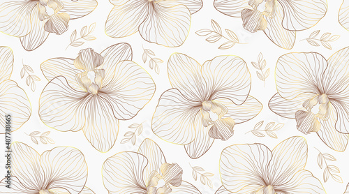 Luxury orchid seamless pattern background vector. Golden orchid line arts design for wedding, backdrop, wallpaper, banner, card, cover, texture. Vector illustration