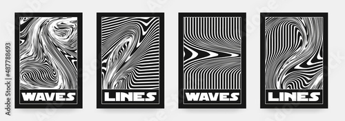 Collection of modern abstract posters with optical waves. In techno style, psychedelic design, prints for T-shirts and hoodies. Isolated on black background