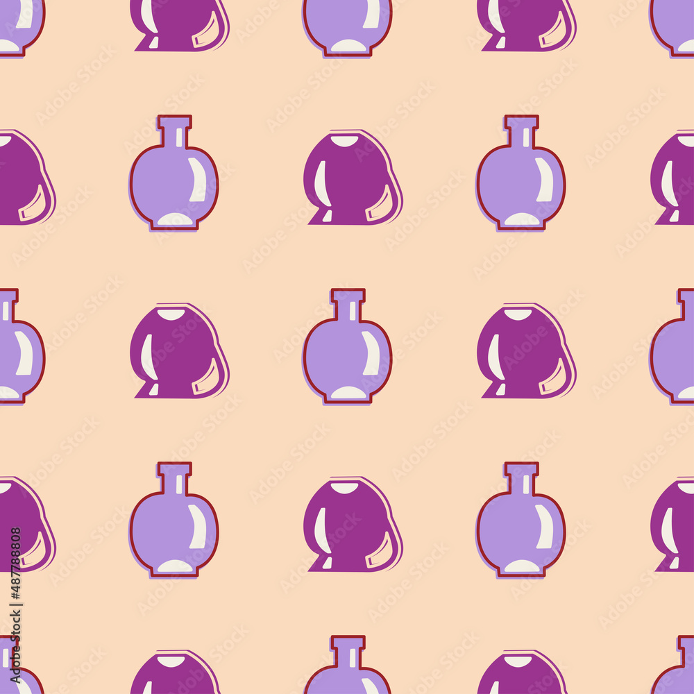 Vector seamless pattern with vase in flat style. Purple and pink color. For printing on fabric, for printing on paper, for fashion design. Vector seamless pattern with vase in flat style. Purple and pink color. For printing on fabric, for printing on paper, for fashion design.
