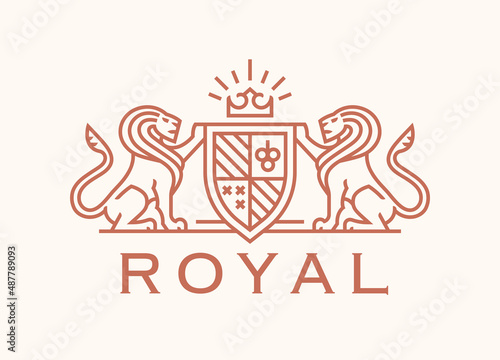 Royal lion shield logo. Elegant gold heraldic crest leo line icon. Luxury vintage heraldry coat of arms emblem. Brand identity design element symbol. Vector illustration.