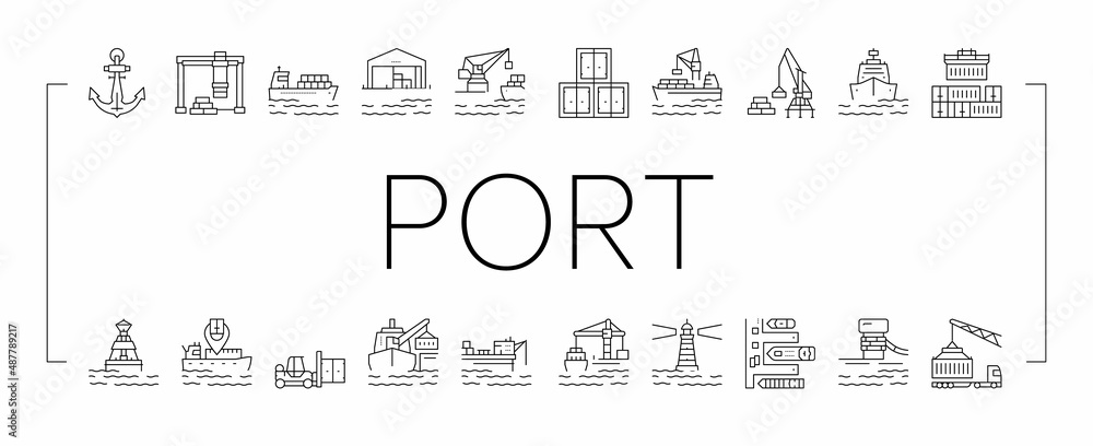 Container Port Tool Collection Icons Set Vector . - obrazy, fototapety, plakaty 