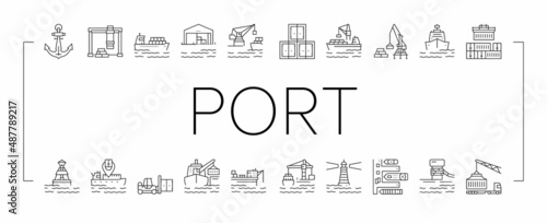 Fotografia Container Port Tool Collection Icons Set Vector .