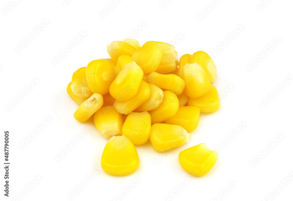 Yellow sweet corn seeds isolated on white background close up Yellow sweet corn seeds isolated on white background close up