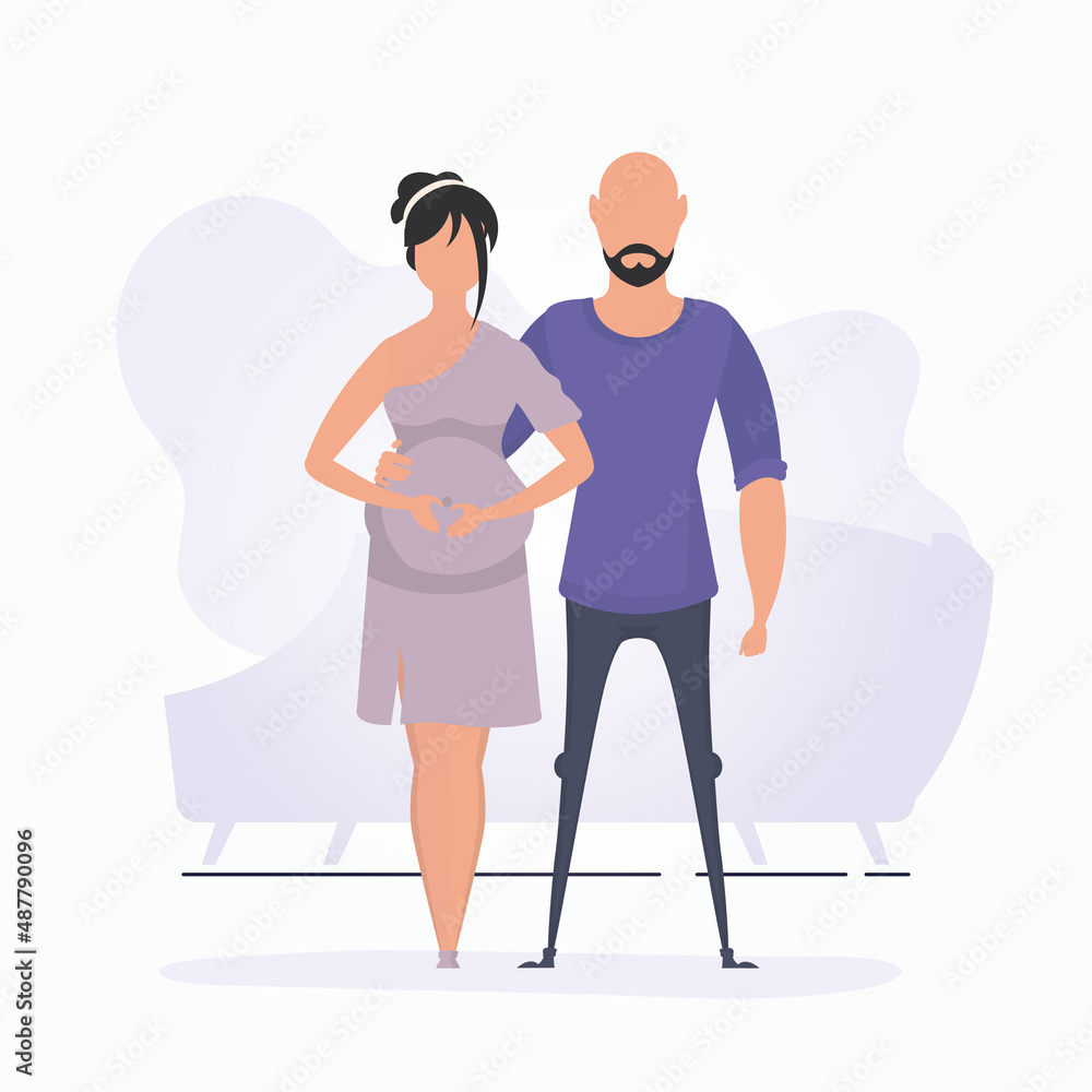 A man hugs a pregnant woman. Banner on the theme Young family is waiting for the birth of a child. Happy pregnancy. Cute illustration in flat style.
