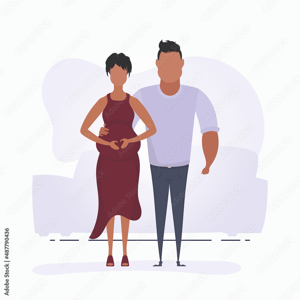 Fototapeta premium A man hugs a pregnant woman. Poster on the theme Young family is waiting for the birth of a child. Happy pregnancy. Vector illustration in a flat style.