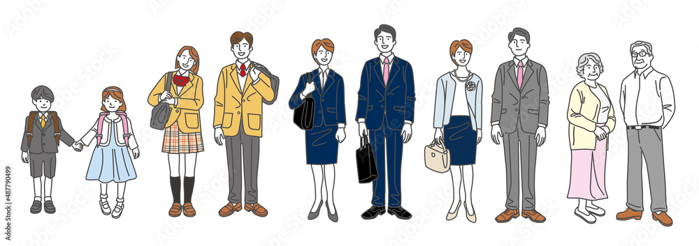 年代別の男女人物のカップルのイラスト 年代別の男女人物のカップルのイラスト