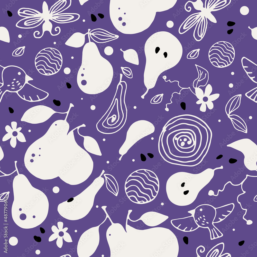 Naklejka premium Pattern of pears and flowers, seamless pattern white. Vector print. Trendy purple color