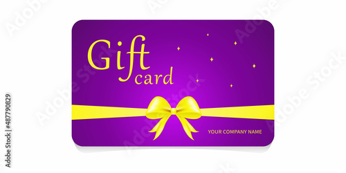 A purple gift card tied with a yellow ribbon with a lush bow. 3 D. Vector illustration.