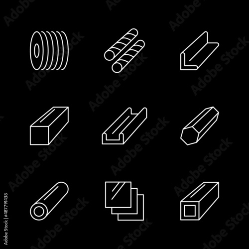 Set line icons of metal products isolated on black