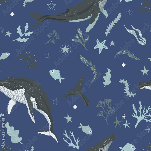 Under the sea animals, whales and fish seamless pattern. Marine animal collection, cartoon characters for textile, wrapping, decor