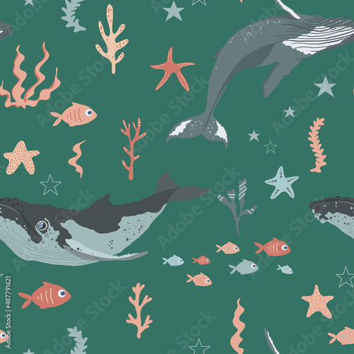 Under the sea seamless pattern with marine animals, whales, fish, starfish and algae. Vector ornament, cartoon characters for textile, wrapping, decor