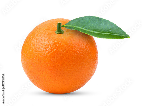 Orange fruit with leaf on white background