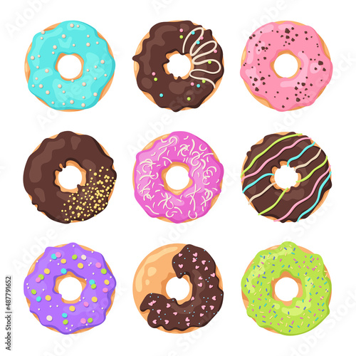 Set of colorful glazed donuts on a white background. View from above. Collection of cartoon donuts for design. Vector illustration in flat style