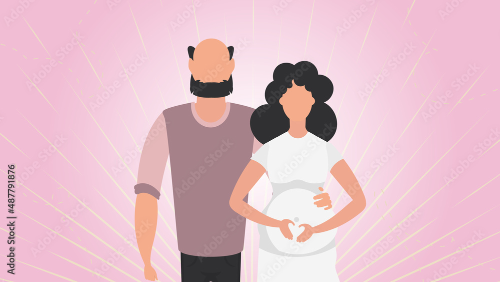 Pregnant woman with her husband. Banner on the theme Young family is waiting for the birth of a child. Happy pregnancy. Cute illustration in flat style. Pregnant woman with her husband. Banner on the theme Young family is waiting for the birth of a child. Happy pregnancy. Cute illustration in flat style.