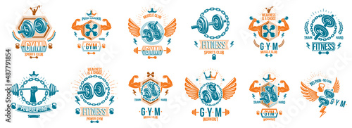 Gym fitness sport emblems and logos vector set isolated with barbells dumbbells kettlebells and muscle body man silhouettes and hands, athletics workout sport club, active lifestyle.