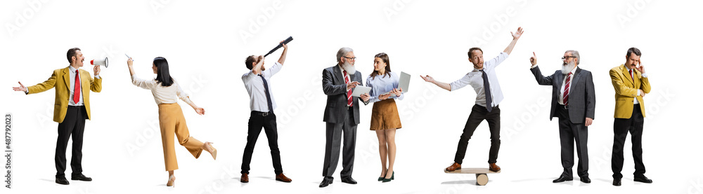 Fototapeta premium Collage. Business people, office workers, managers standing in a line in different directions isolated over white background