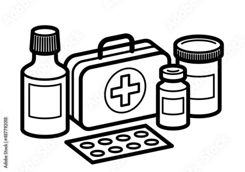 Medicine first aid medical kit theme pills and bottles 3d vector illustration isolated, medicaments and drugs, health care meds cartoon, vitamins or antibiotics, simple linear design.