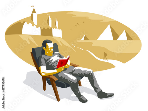 Young man reading historical novel book about fortresses and Egypt pyramids vector illustration isolated, fiction literature about ancient history, or historical science.