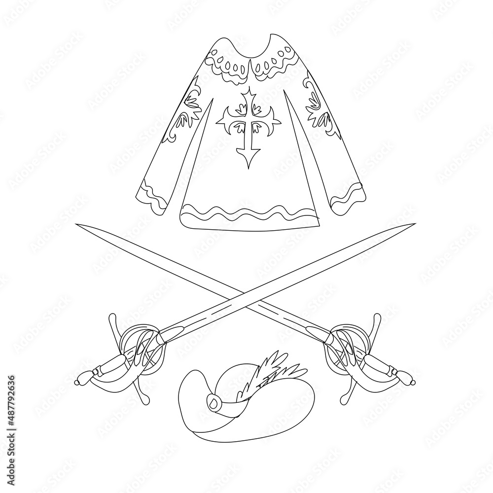 Musketeers cloak, hat, antique swords are isolated on a white background. Vector illustration in a hand-drawn style.Elements of a musketeer costume in the style of doodles. design or coloring element. Musketeers cloak, hat, antique swords are isolated on a white background. Vector illustration in a hand-drawn style.Elements of a musketeer costume in the style of doodles. design or coloring element.