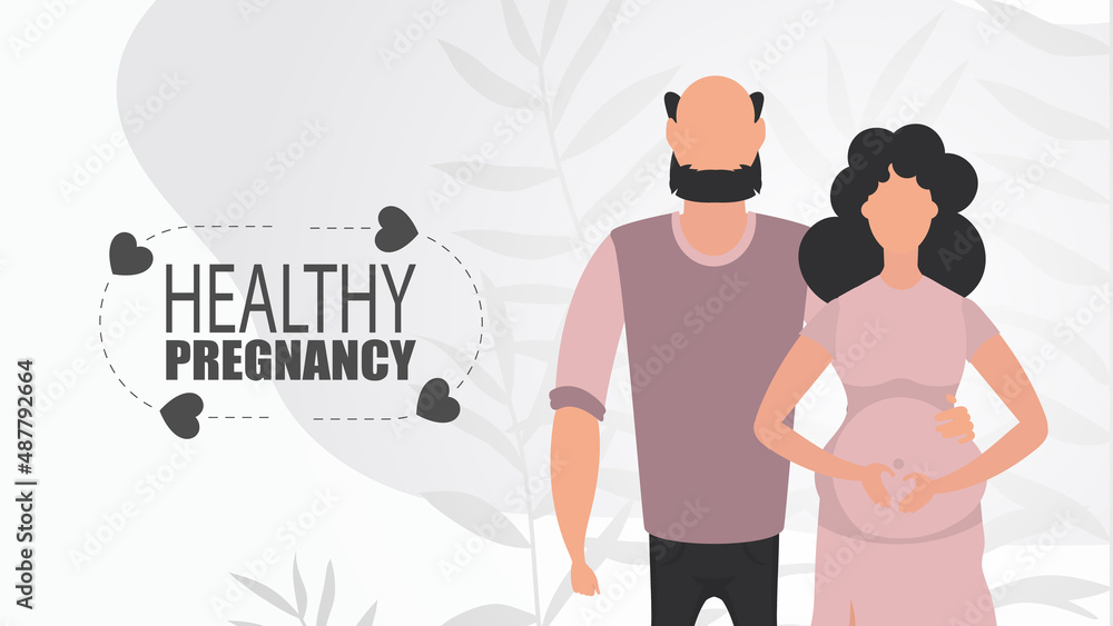 Healthy pregnancy. A man hugs a pregnant woman. A young family is expecting a baby. Happy pregnancy. Previous illustration. Healthy pregnancy. A man hugs a pregnant woman. A young family is expecting a baby. Happy pregnancy. Previous illustration.