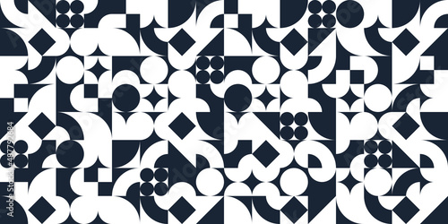 Geometric abstract seamless pattern with black and white simple elements of geometry, wallpaper background in retro 70s style, Bauhaus constructive style tiles.