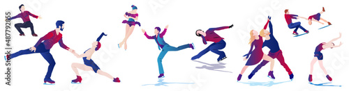 Cartoon illustration of abstract man and woman skating on ice on white background. Figure skating 