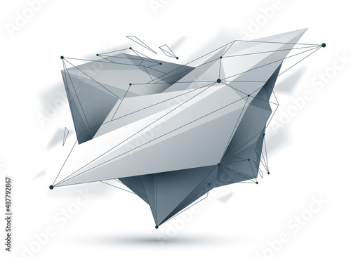 Low poly abstract form isolated on white, vector future shape design polygonal art, dimensional geometric dynamic tech theme, with mesh lines.