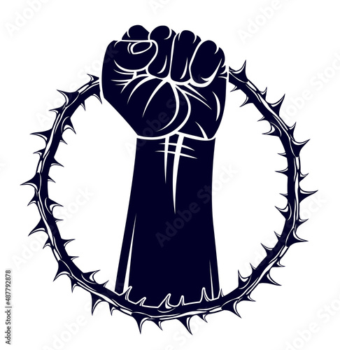 Slavery theme illustration with strong hand clenched fist fighting for freedom against blackthorn thorn, vector logo or tattoo, through the thorns to the stars concept.