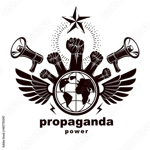 Marketing banner composed with loudspeakers, raised clenched fists and Earth planet, vector illustration. Propaganda as the means of influence on global public opinion.