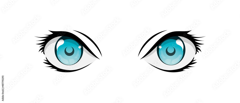Happy anime style big blue eyes with sparkles. Hand drawn vector illustration. Isolated on white background. Happy anime style big blue eyes with sparkles. Hand drawn vector illustration. Isolated on white background.