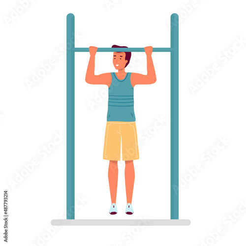 Man do workout on pull-up bar outdoor fitness lifestyle time vector illustration. isolated on white flat cartoon