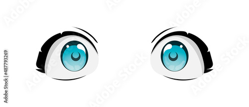 Happy anime style big blue eyes with sparkles. Hand drawn vector illustration. Isolated on white background.