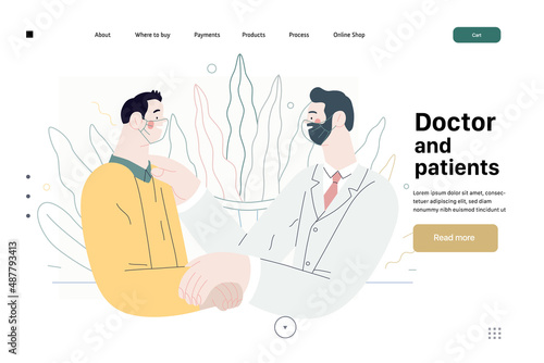 Doctor and patients -medical insurance web template - modern flat vector concept digital illustration. A male doctor is talking with compassion to a male patient, in the medical office. Landing page