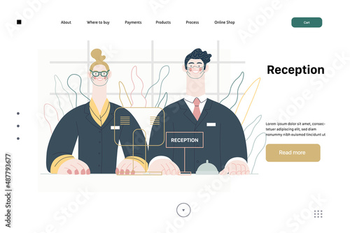 Hospital reception - medical insurance web template, facilities and services. Modern flat vector concept digital illustration - a couple of receptionists at the desk welcoming clients.