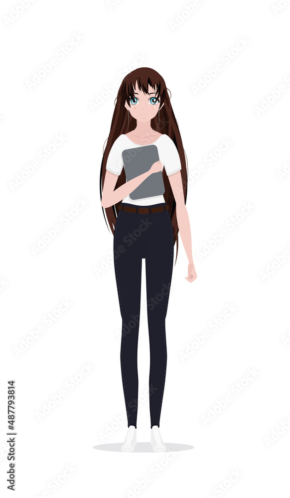 The girl is holding a tablet. Vector cartoon. Distance learning and communication of young teenagers using touch pad. Isolated. The girl is holding a tablet. Vector cartoon. Distance learning and communication of young teenagers using touch pad. Isolated.
