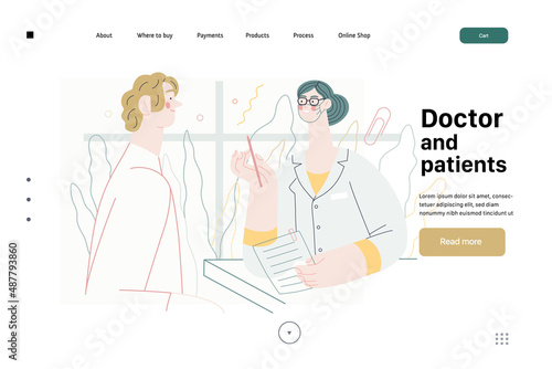 Doctor and patients -medical insurance web template - modern flat vector concept digital illustration. A female doctor is talking with compassion to a male patient, in the medical office