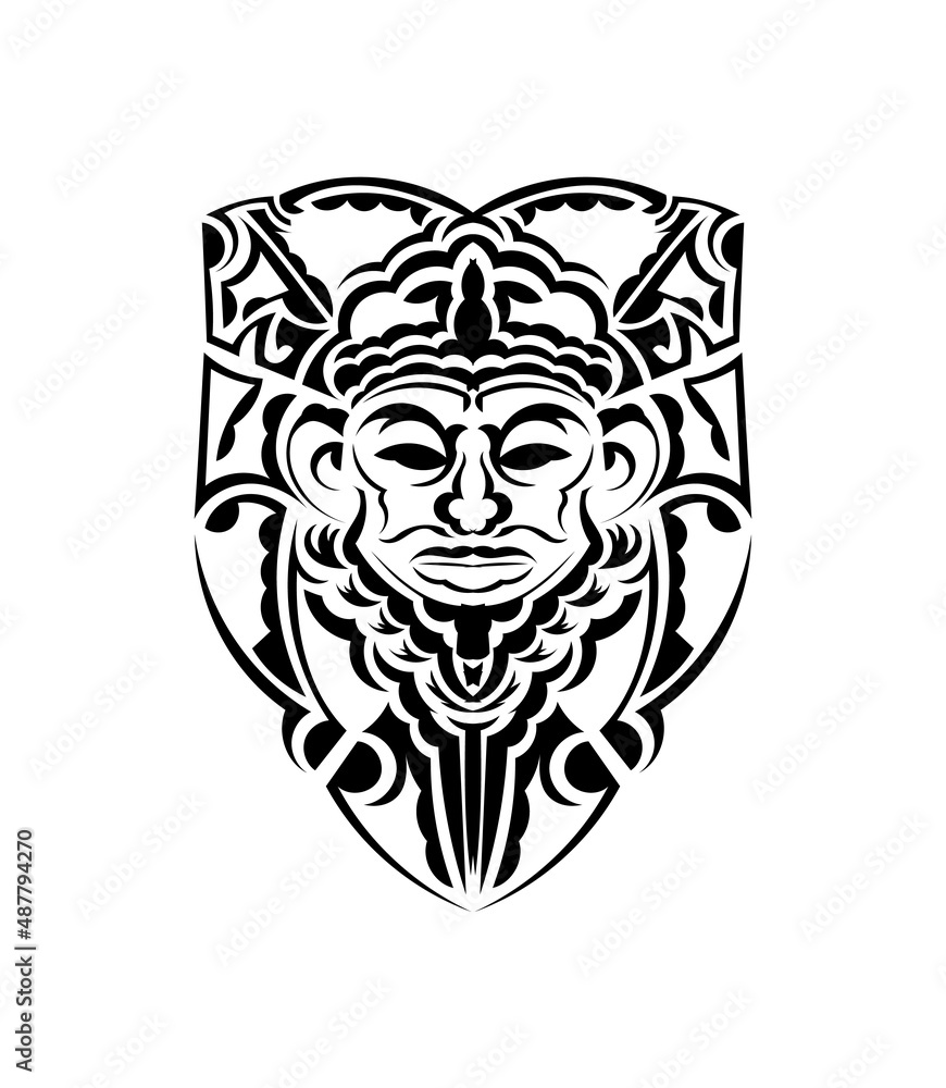 Tribal mask. Monochrome ethnic patterns. Black tattoo in the style of the ancient tribes. Isolated. Vector illustration. Tribal mask. Monochrome ethnic patterns. Black tattoo in the style of the ancient tribes. Isolated. Vector illustration.