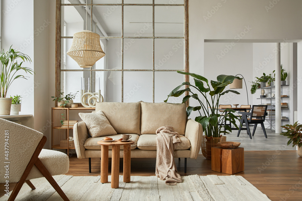 Fototapeta premium Modern living room interior composition with beige sofa, wooden coffee table and modern home accessories. Template. Copy space. Dining room in the background.