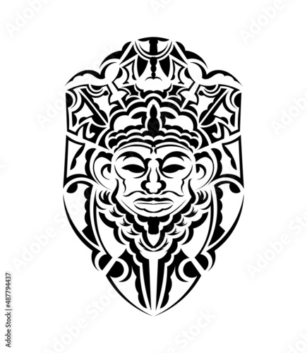 Tribal mask. Monochrome ethnic patterns. Black tattoo in the style of the ancient tribes. Isolated. Vector illustration.