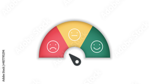 Customer experience satisfaction rating scale with a smile, angry icon in speedometer score feedback survey of a client. The level measures emoji face with arrows from bad to good vector illustration
