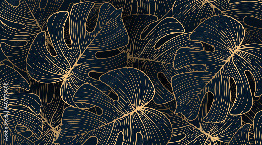 Gradient golden linear background with monstera leaves. Hand drawn luxury golden tropical leaf on dark background. Vector linear illustration of leaves for prints, banner, poster, cover, wallpaper - obrazy, fototapety, plakaty 