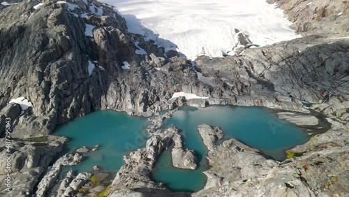 Turquiose glacial lakes under Brewster Glacier. Wonderful natural scenery on New Zealand high mountains. - drone aerial photo